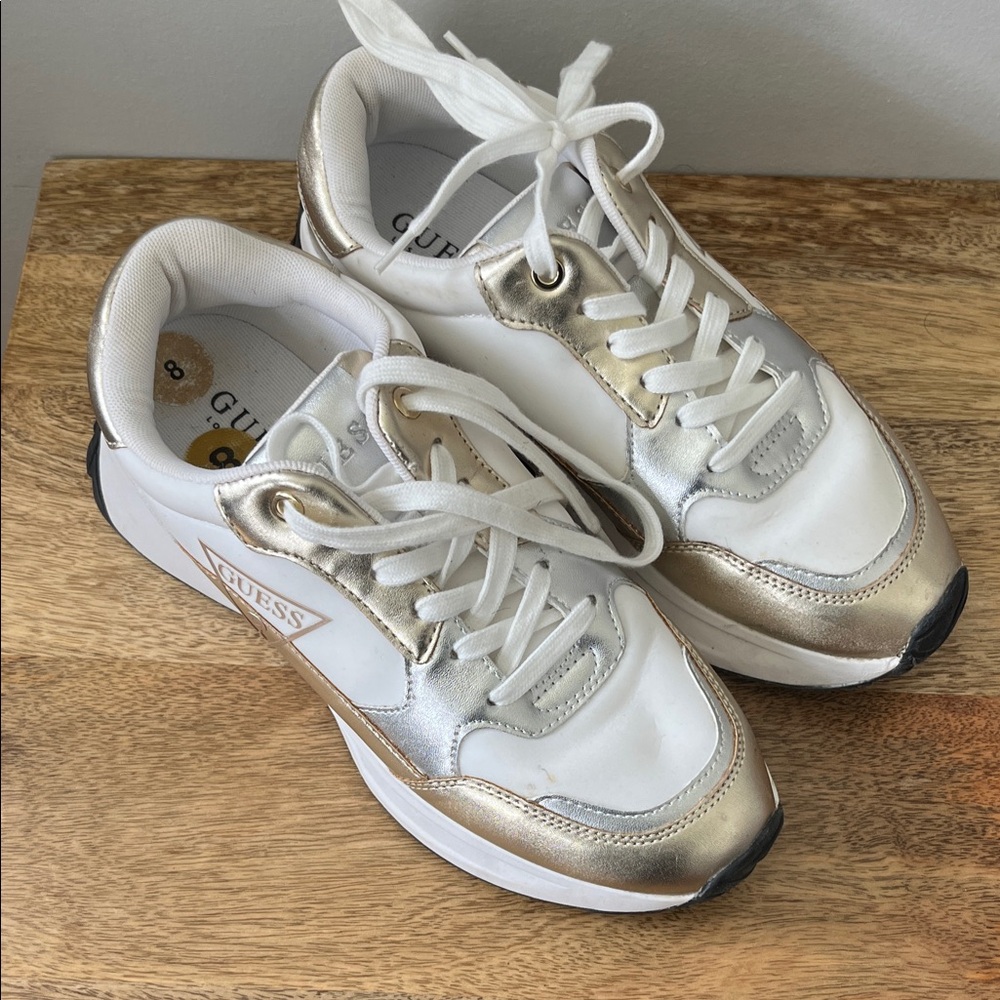 GUESS White and Metallic Gold Lace-Up Sneakers